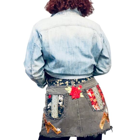 Women's Cotton On Black Denim Mini Skirt , Reworked, skulls, stars, patches pins - Picture 4 of 11